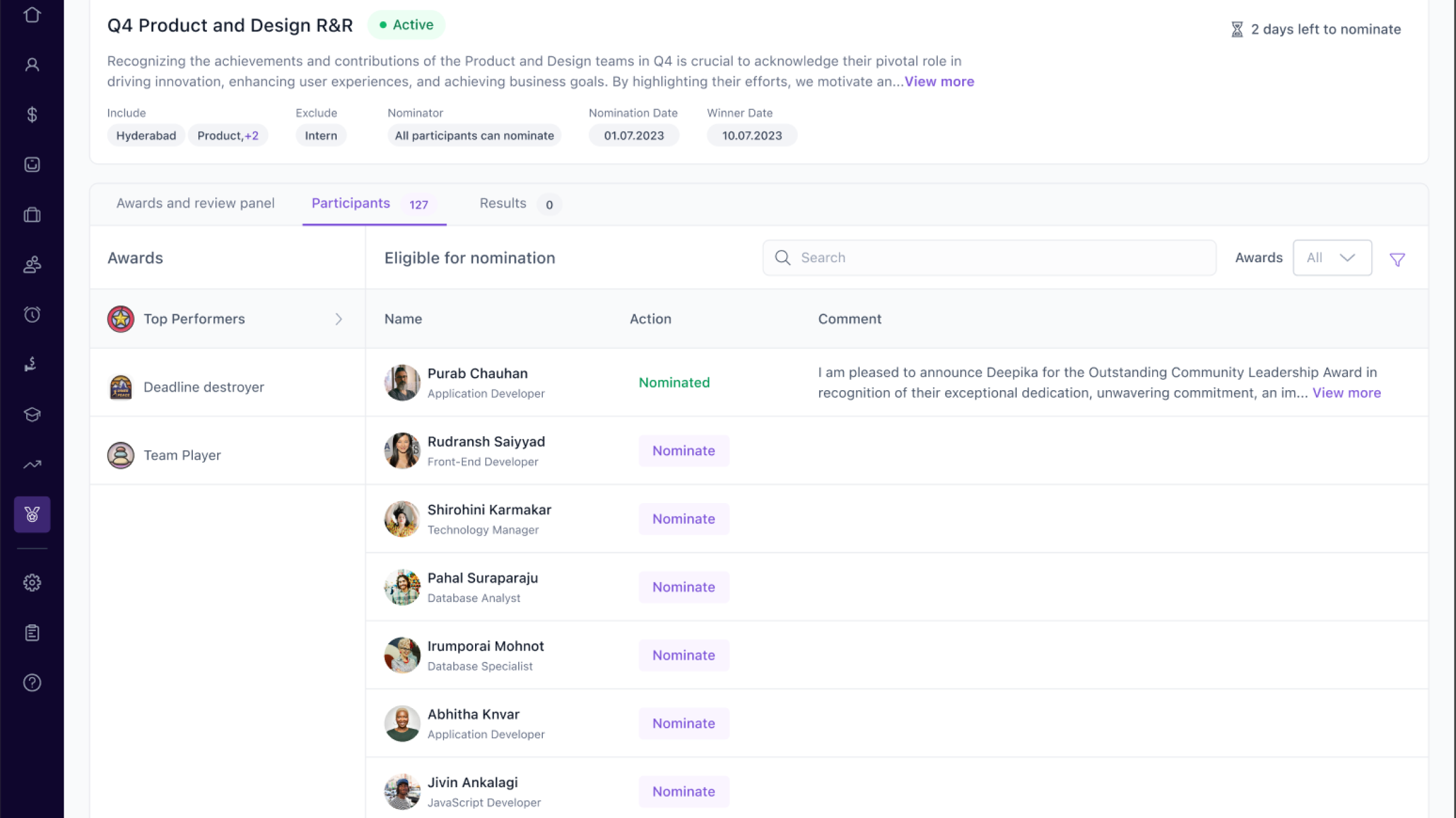 Panelist journey for Rewards and Recognition